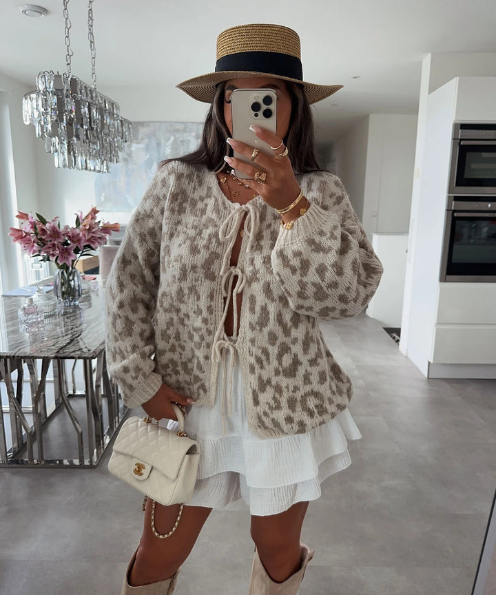 Bow tie knitted leopard cardigan coat