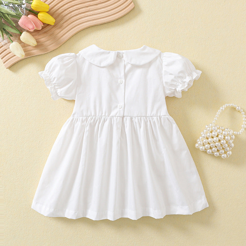 Rose embroidery white smocked princess dress