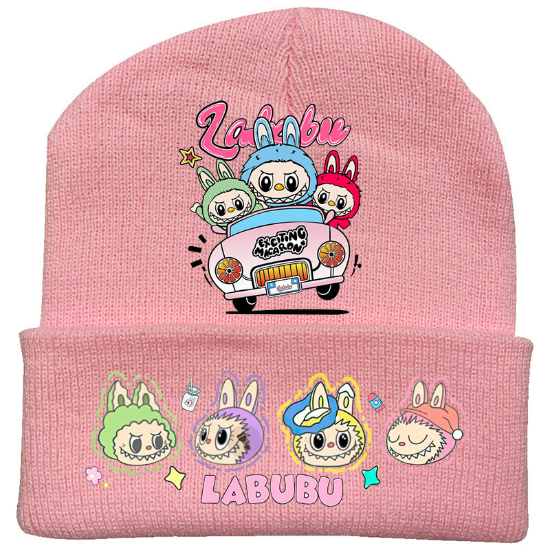 Cute monster printed knitted beanie hat-pink