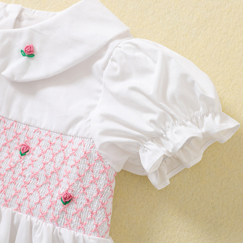 Rose embroidery white smocked princess dress