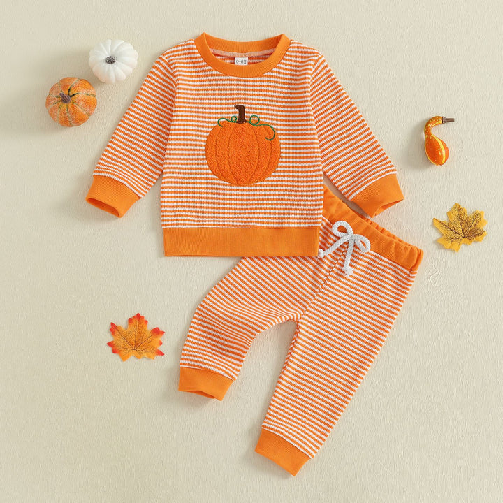 Halloween Pumpkin Embroidery Striped Sweater&Pants 2pcs Set