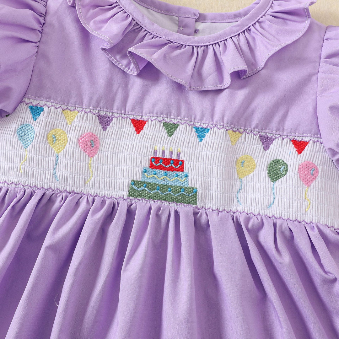 Birthday embroidery lotus leaf collar purple dress with puff sleeves