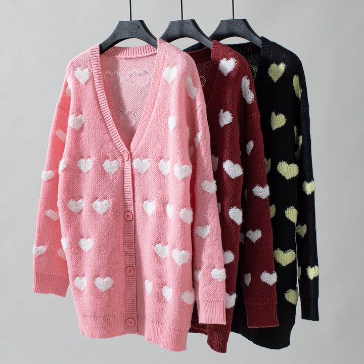 Valentine's Chenille Embroidery Heart  Mid-length knitted cardigan