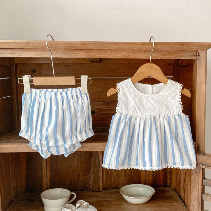 Baby embroidery blue striped romper 2pcs set