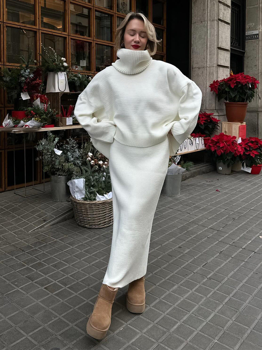 Women's Turtleneck Warm Knitted sweater&skirt 2PCS set