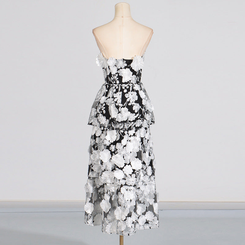 Tube top 3D stitching flower ruffle layered dress