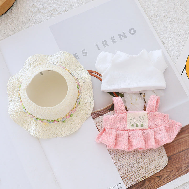 Labubu skirt T-shirt set with straw hat doll clothes