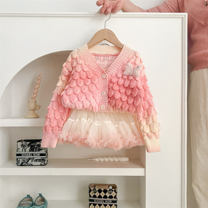 Gradient colorful knitted cardigan&tutu skirt 2pcs set