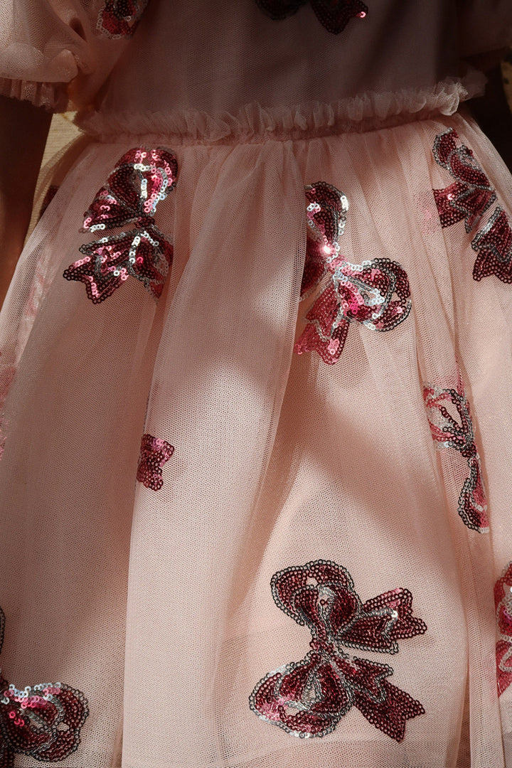 Pink sequin bow tutu puff dress for girls-preorder