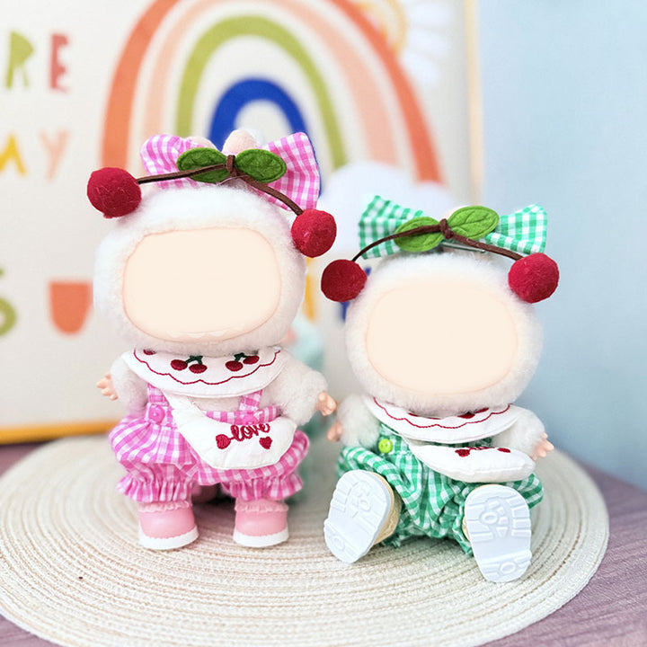 Labubu pink green checkered cherry overalls 5pcs set