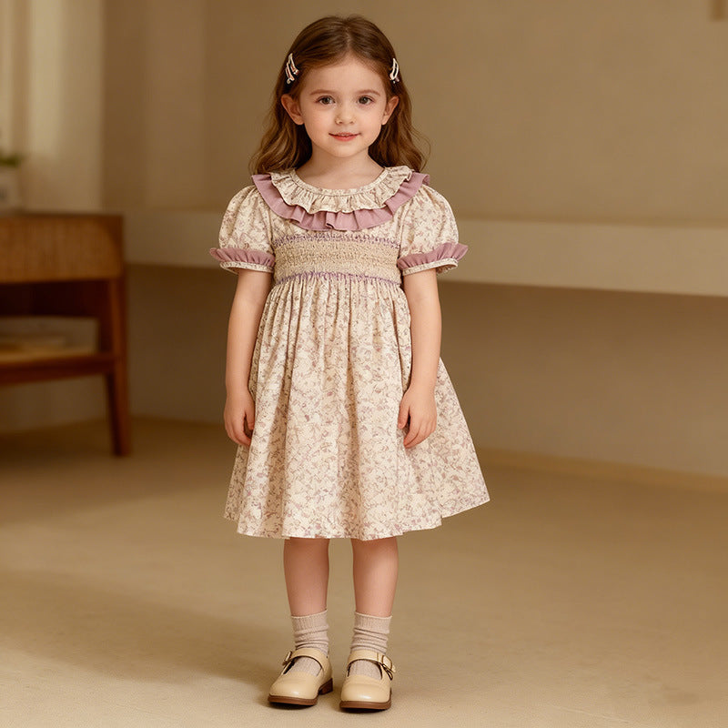 Lavender purple floral print smocked dress for girls