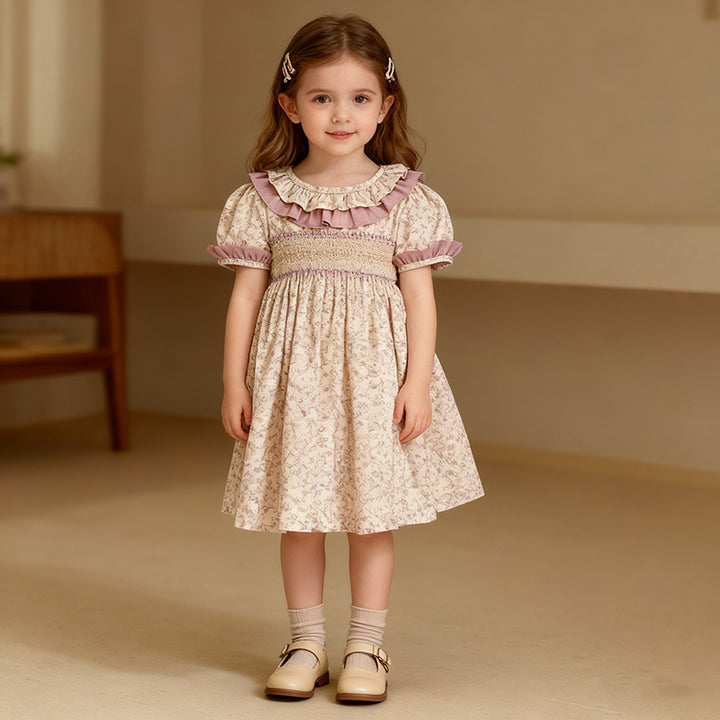 Lavender purple floral print smocked dress for girls