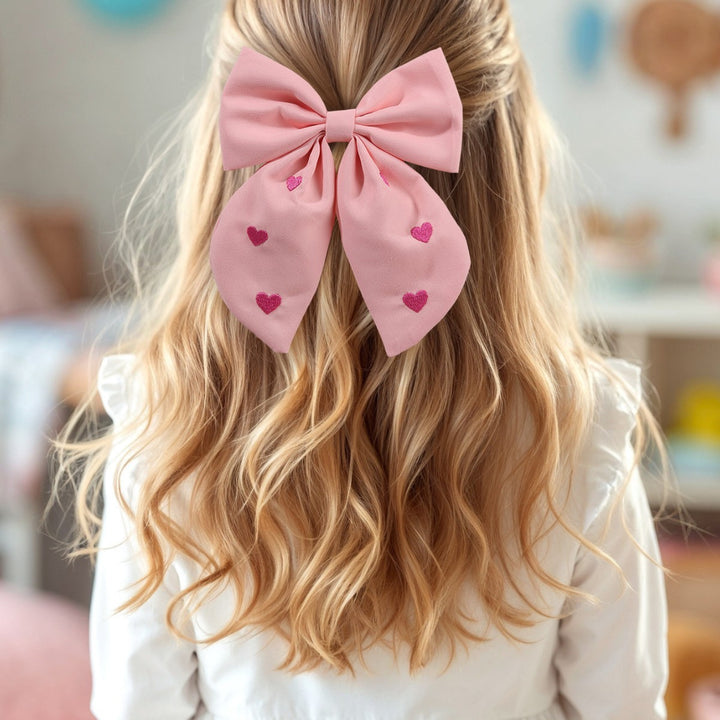 Valentine's Day Pink heart embroidered bow hair clip