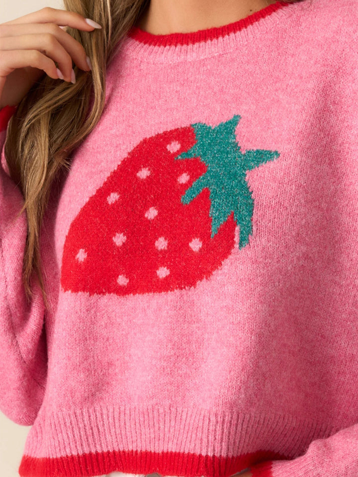Strawberry jacquard pullover crop sweater