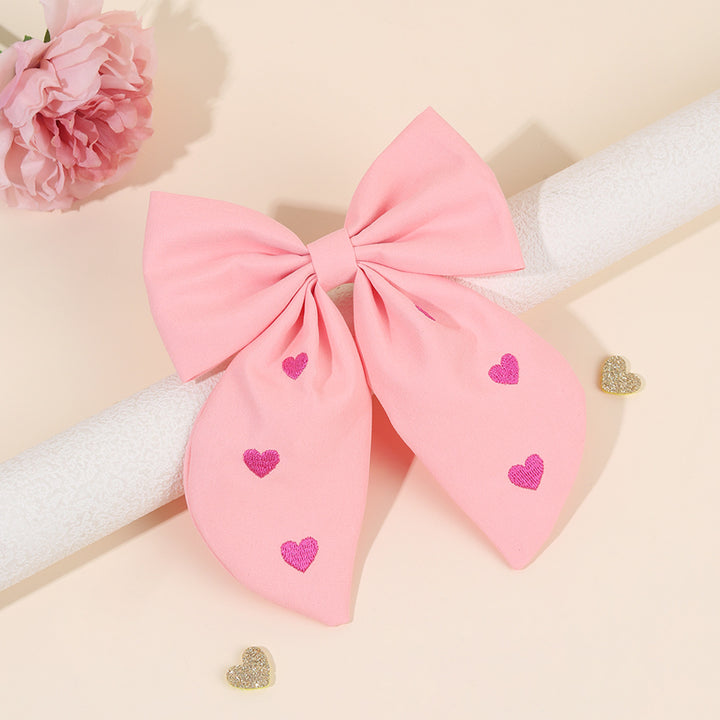Valentine's Day Pink heart embroidered bow hair clip