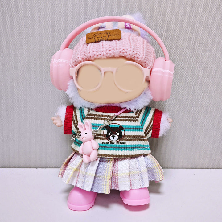 Labubu doll clothes cute pink skirt striped T-shirt 7PCS set