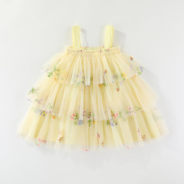 Summer flower embroidered mesh multi-layered tulle dress