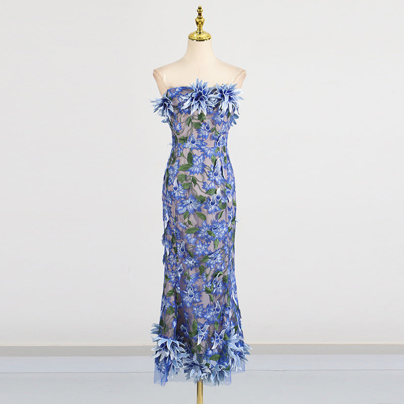 3D flower embroidery tube top dress banquet dress