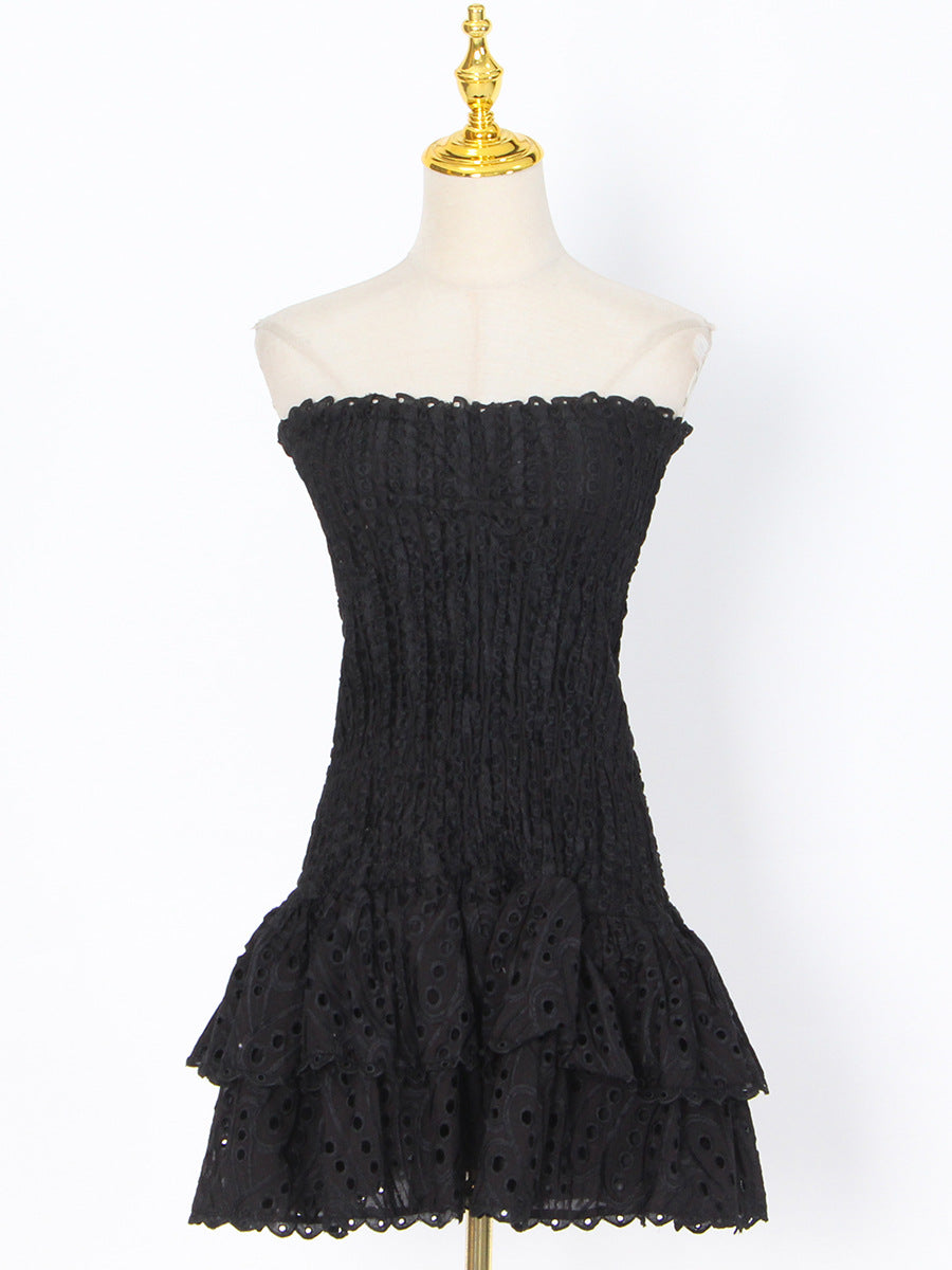 Embroidered tube top puffy mini dress
