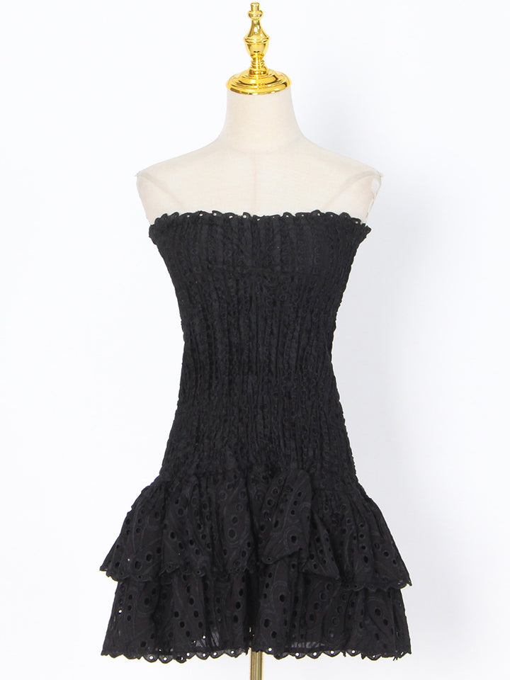 Embroidered tube top puffy mini dress