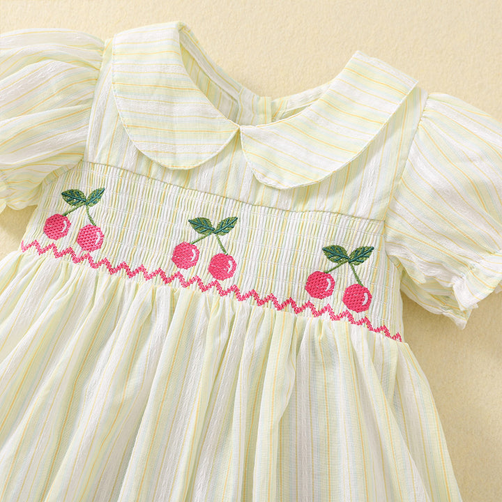 Cute embroidered cherry princess smocked dress