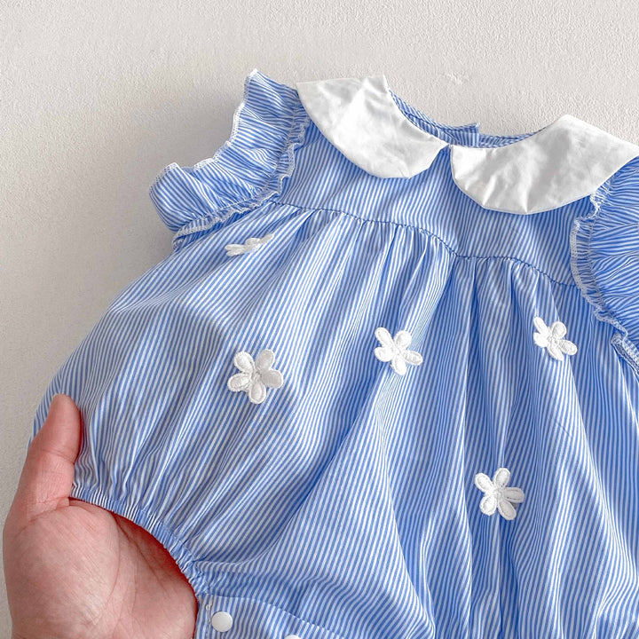 Baby girl summer sleeveless blue&white striped lapel romper