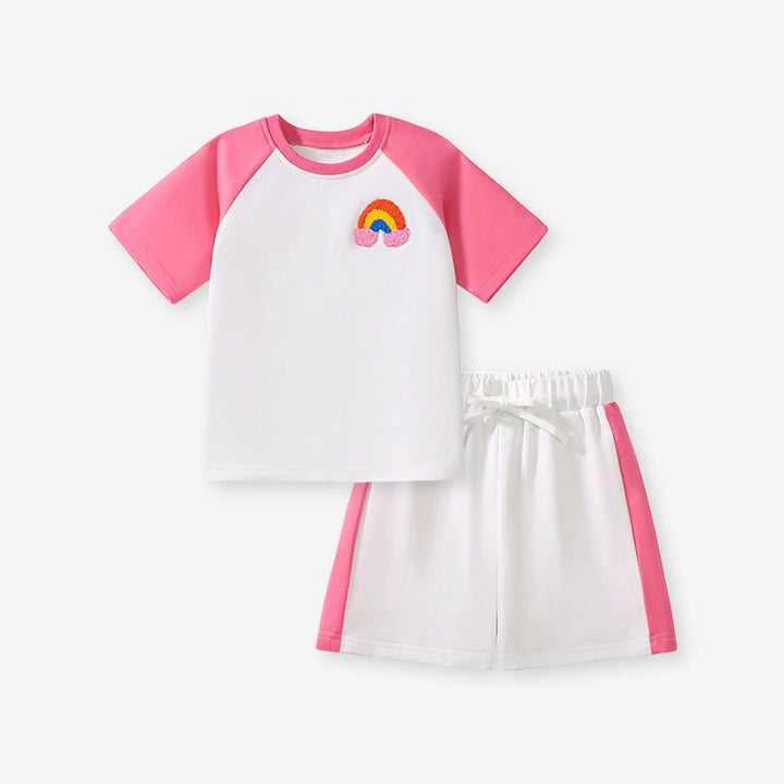 Girls cotton short-sleeved tee&short set with Rainbow towel embroidery