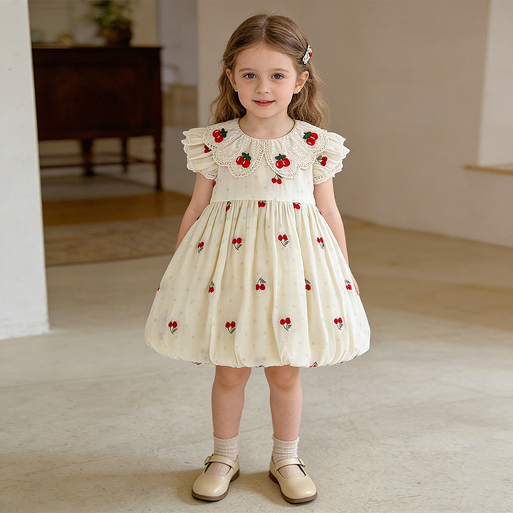 Girls' dress with cherry embroidery princess dress