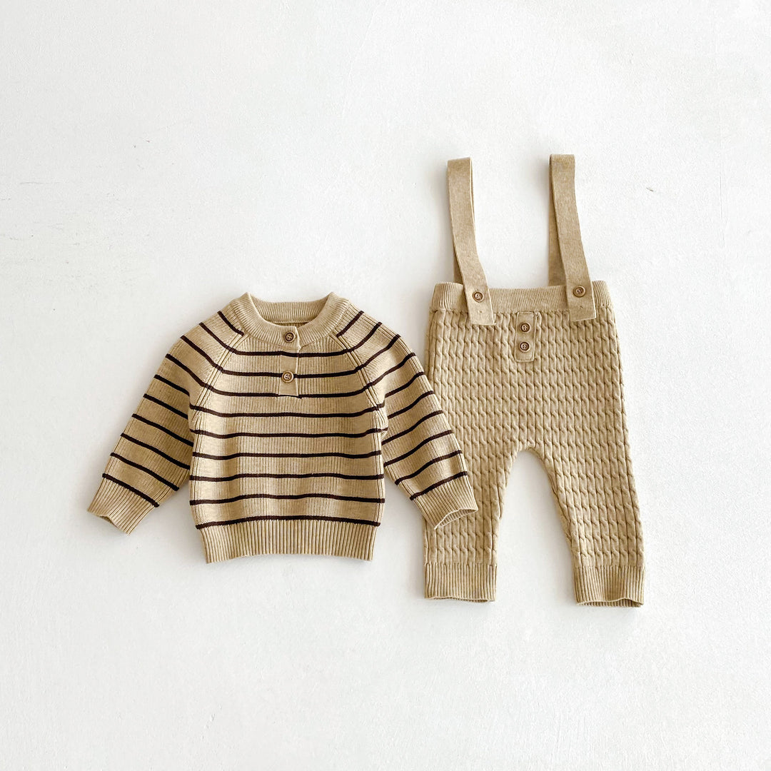 Baby knitted striped sweater&overalls 2PCS suit