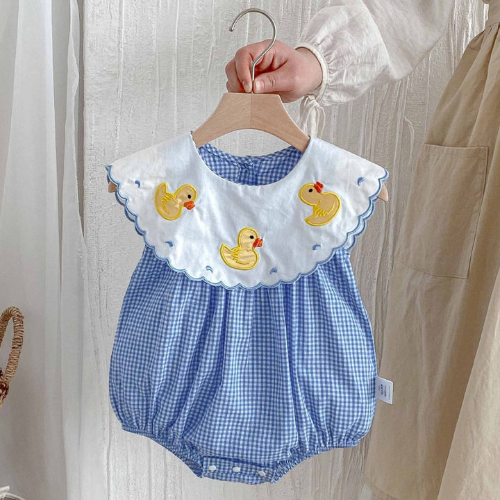 Baby girl summer cute duck blue plaid romper sleeveless bodysuit