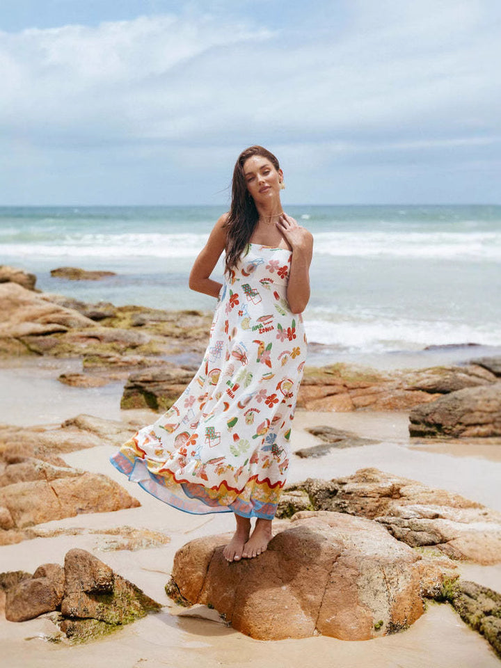 Summer seaside printed Linen Sleeveless Slip Dress