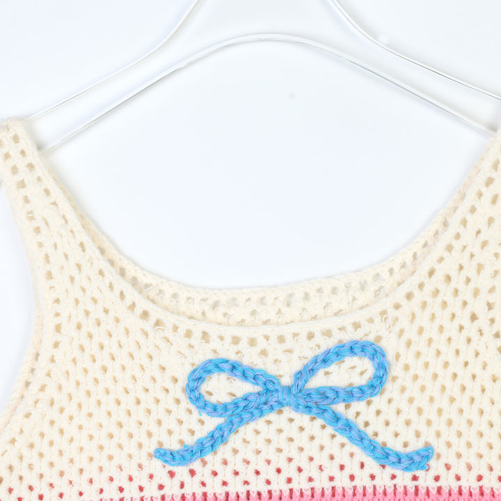 Hand-crocheted knitted Bow contrast color vest