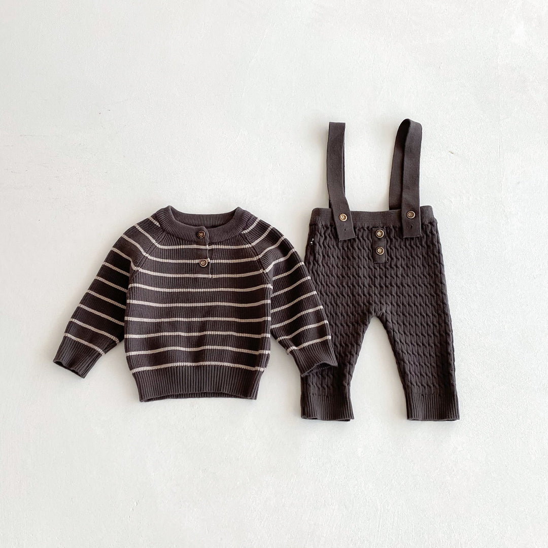 Baby knitted striped sweater&overalls 2PCS suit