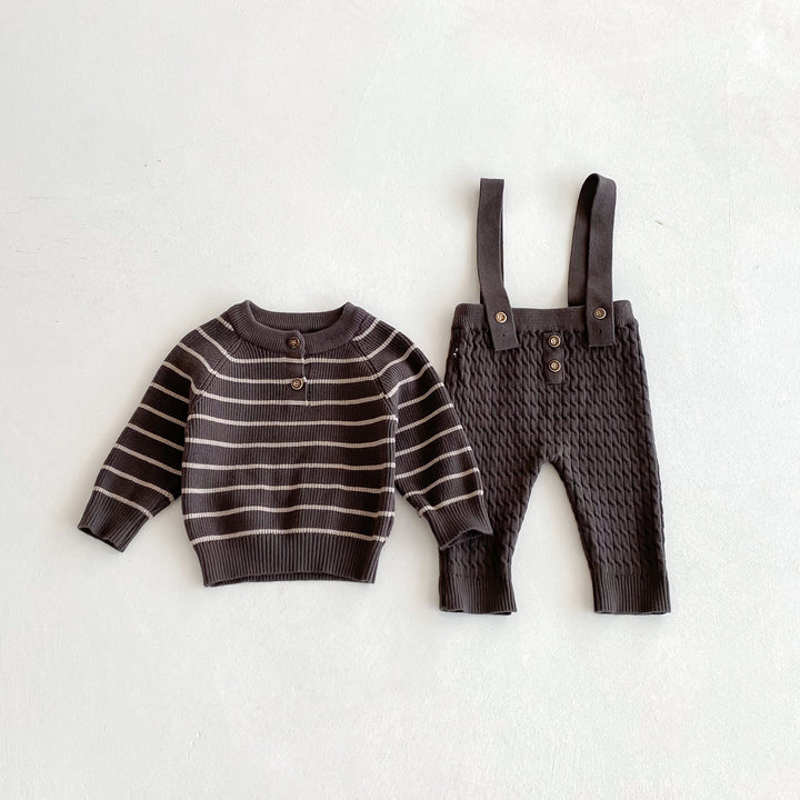 Baby knitted striped sweater&overalls 2PCS suit