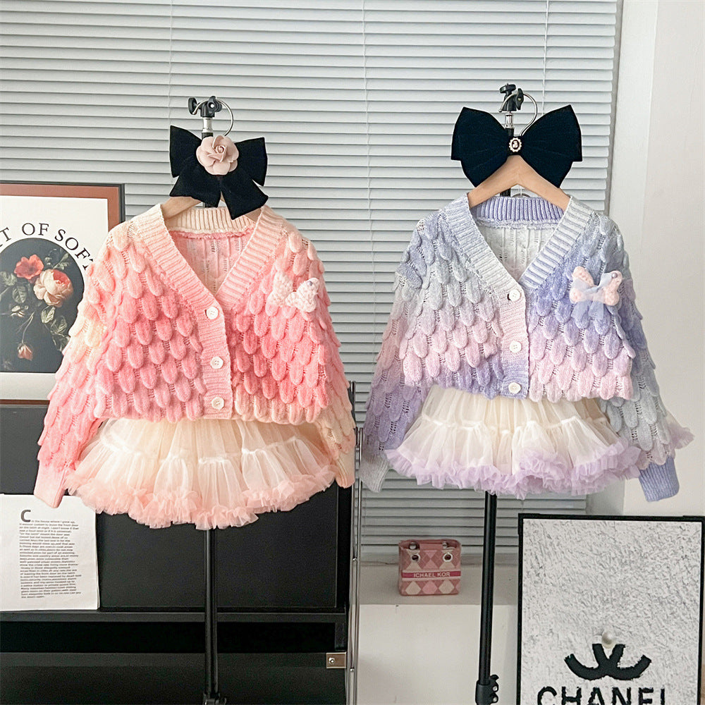 Gradient colorful knitted cardigan&tutu skirt 2pcs set