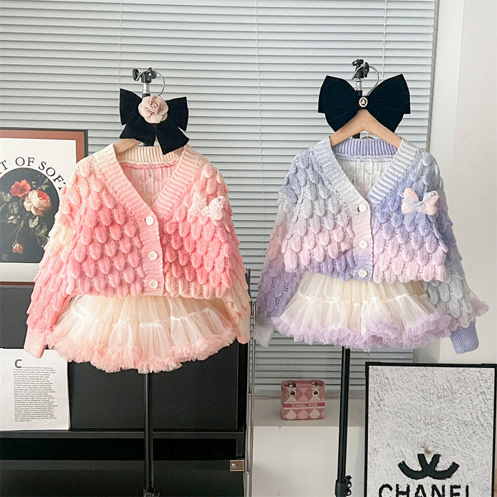 Gradient colorful knitted cardigan&tutu skirt 2pcs set