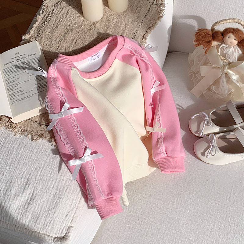 Girls bow deco raglan sweatshirt long-sleeved top