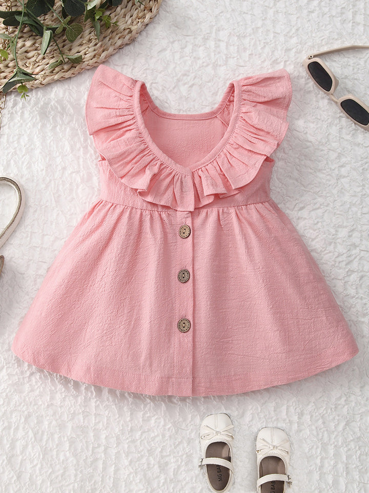 Girls summer cotton and linen button ruffle dress