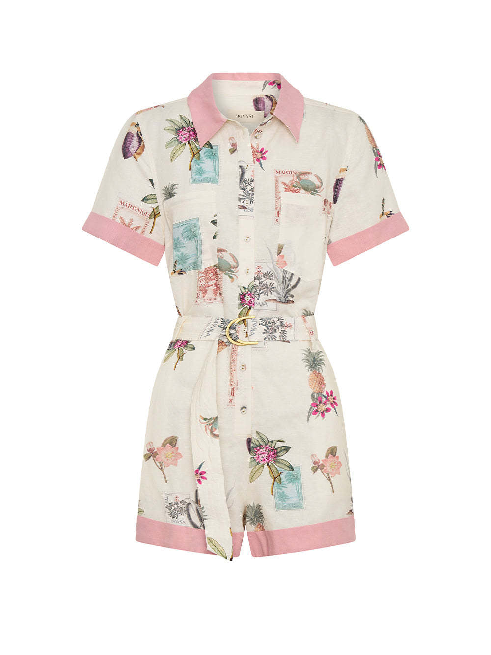 Summer belt button shirt collar floral jumpsuit