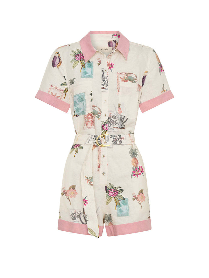 Summer belt button shirt collar floral jumpsuit