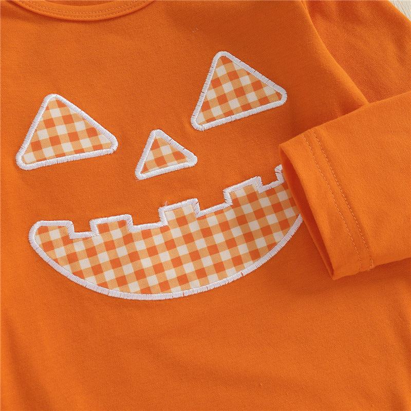 Halloween pumpkin patch embroidered romper&dress 3pcs set