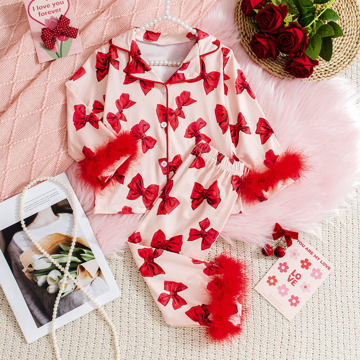 Christmas Bow print pajamas sleepwear set with feather deco