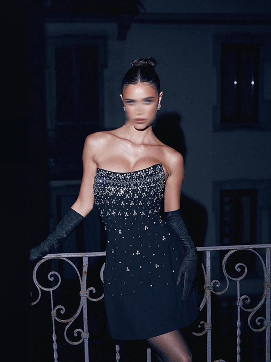 Brilliant black diamond-studded tube top dress