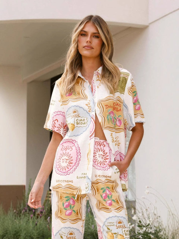 Linen short-sleeved shirt& wide leg pant set holiday outfit
