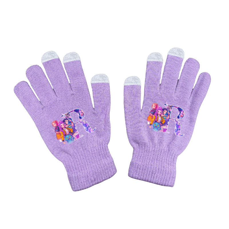 KPOP demon hunters Initials knitted purple gloves