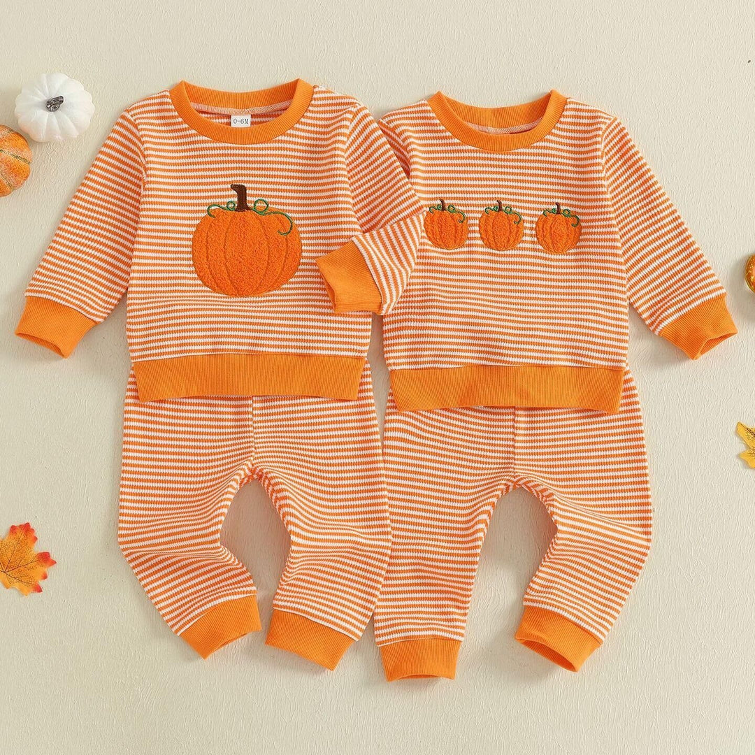 Halloween Pumpkin Embroidery Striped Sweater&Pants 2pcs Set