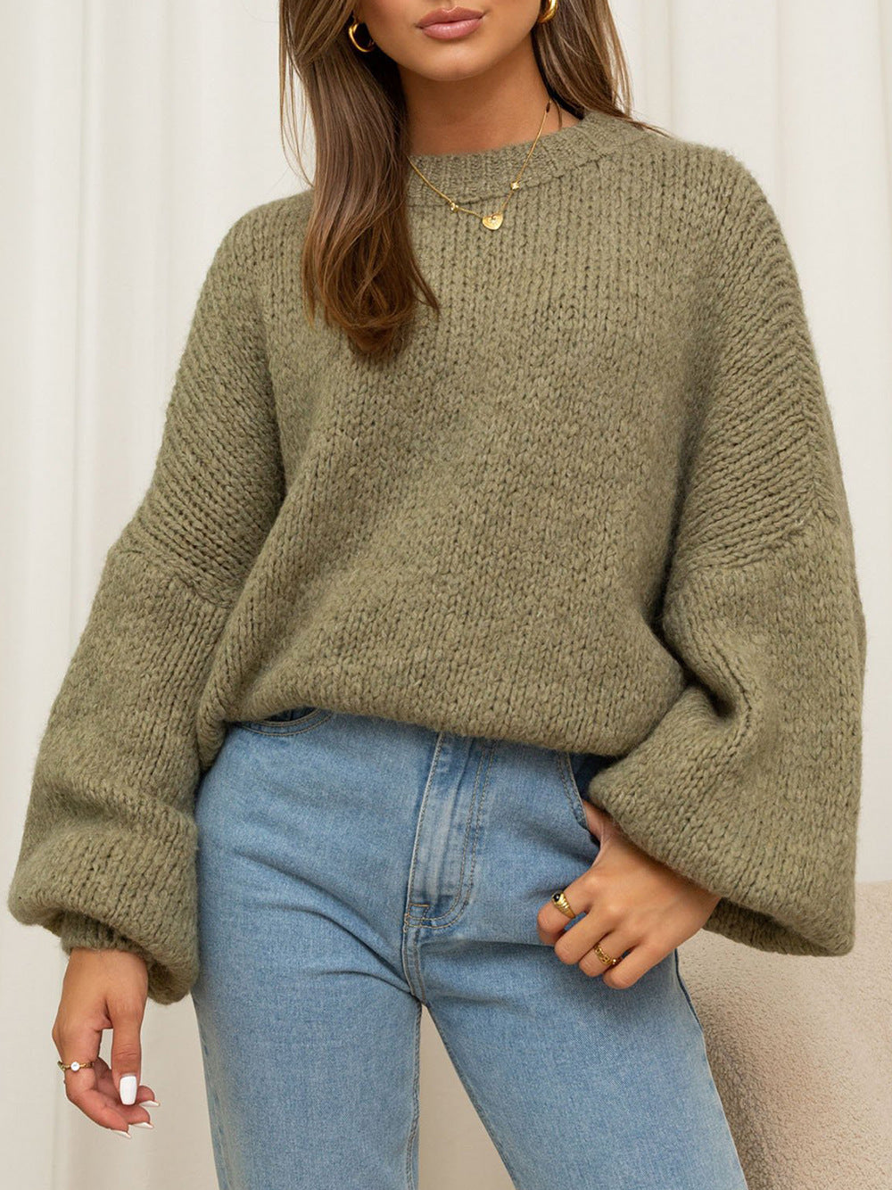 Solid color round neck Chunky Knit Sweater for women