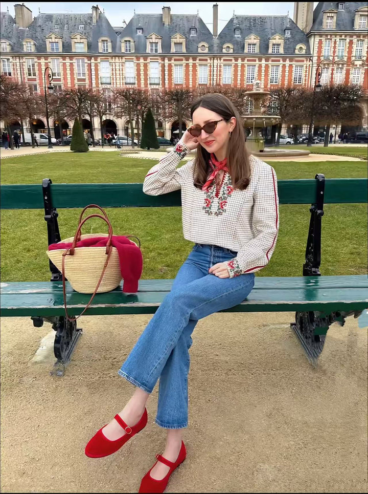 Exquisite floral embroidery V-neck plaid shirt