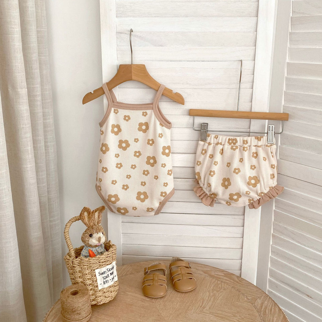 Baby flower waffle sling romper&bubble short 2pcs set