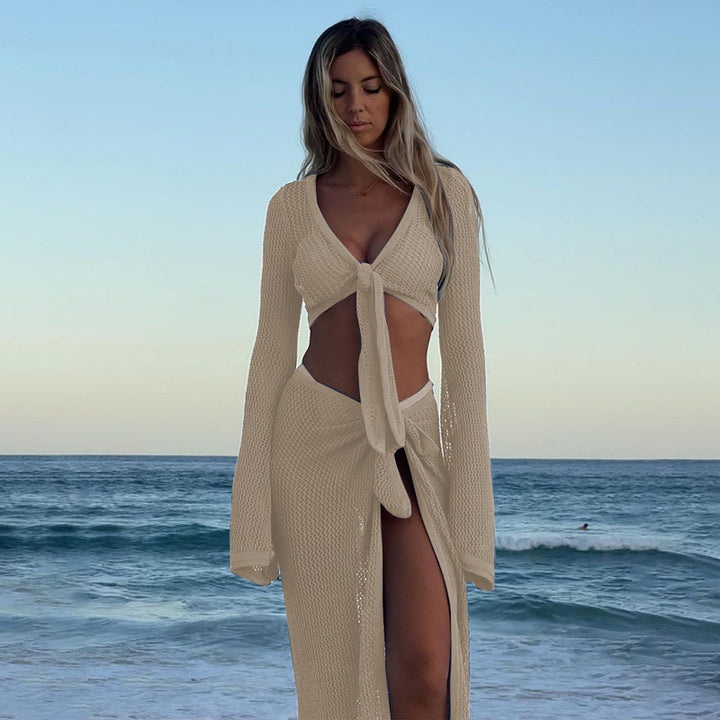 Hollow knitted tie short top&skirt beach sexy cover up